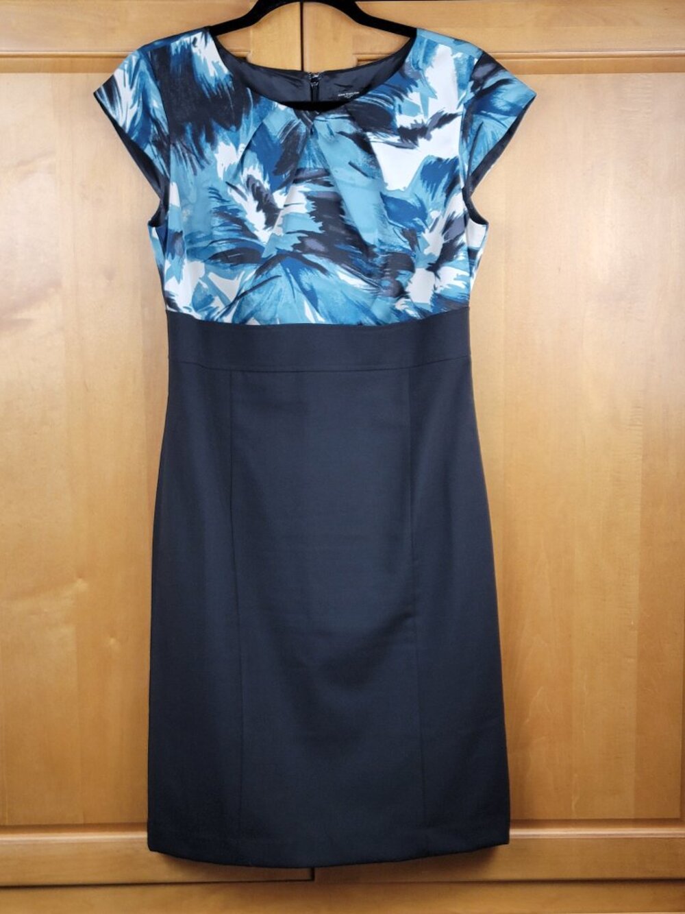 Ann Taylor Black Teal Empire Waist Cap Sleeve Sheath Dress - 4